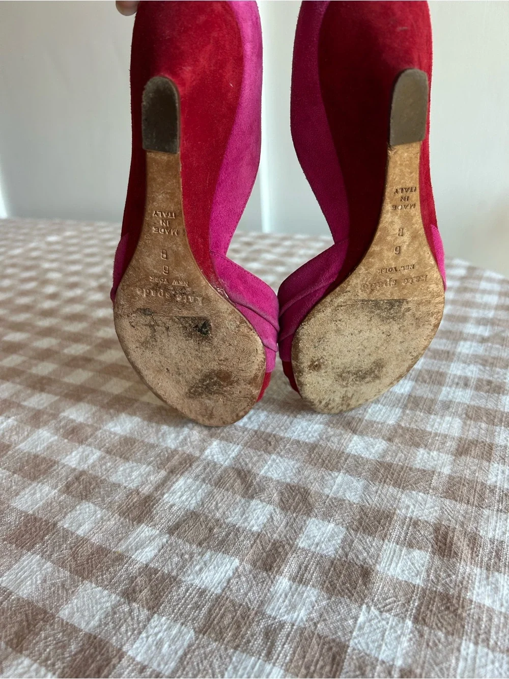 Vintage Kate Spade Pink and Red Suede Knotted Peep-Toe Wedges